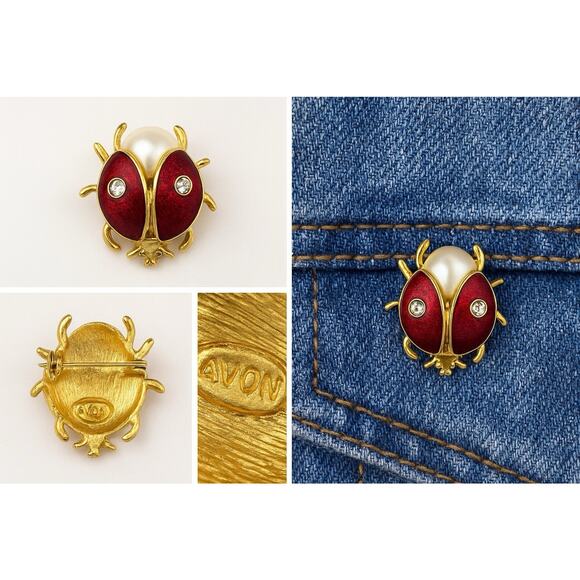 Vintage Avon Ladybug Brooch Red Enamel Rhinestone Pearl Gold Tone Pin - Picture 1 of 4